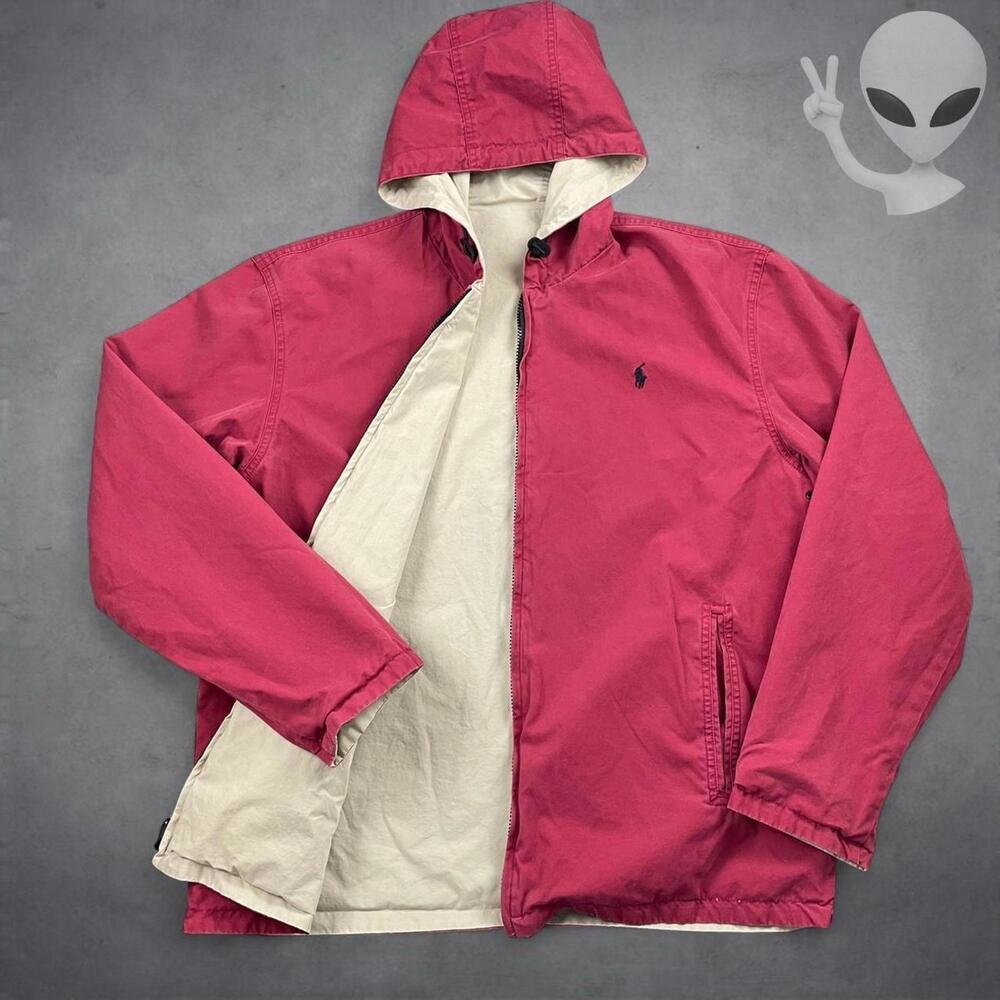 Polo Ralph Lauren Reversible Hooded Jacket Medium Cream Red Vintage 90s - Picture 6 of 7